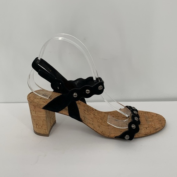 Van Eli cork bottom strappy sandal scallop black shoe heel stud 11 NARROW 11N - Picture 1 of 7